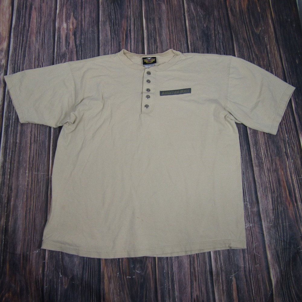 Vintage Harley-Davidson Shirt Mens XL Beige Button Henley Made USA Biker 90s Tee